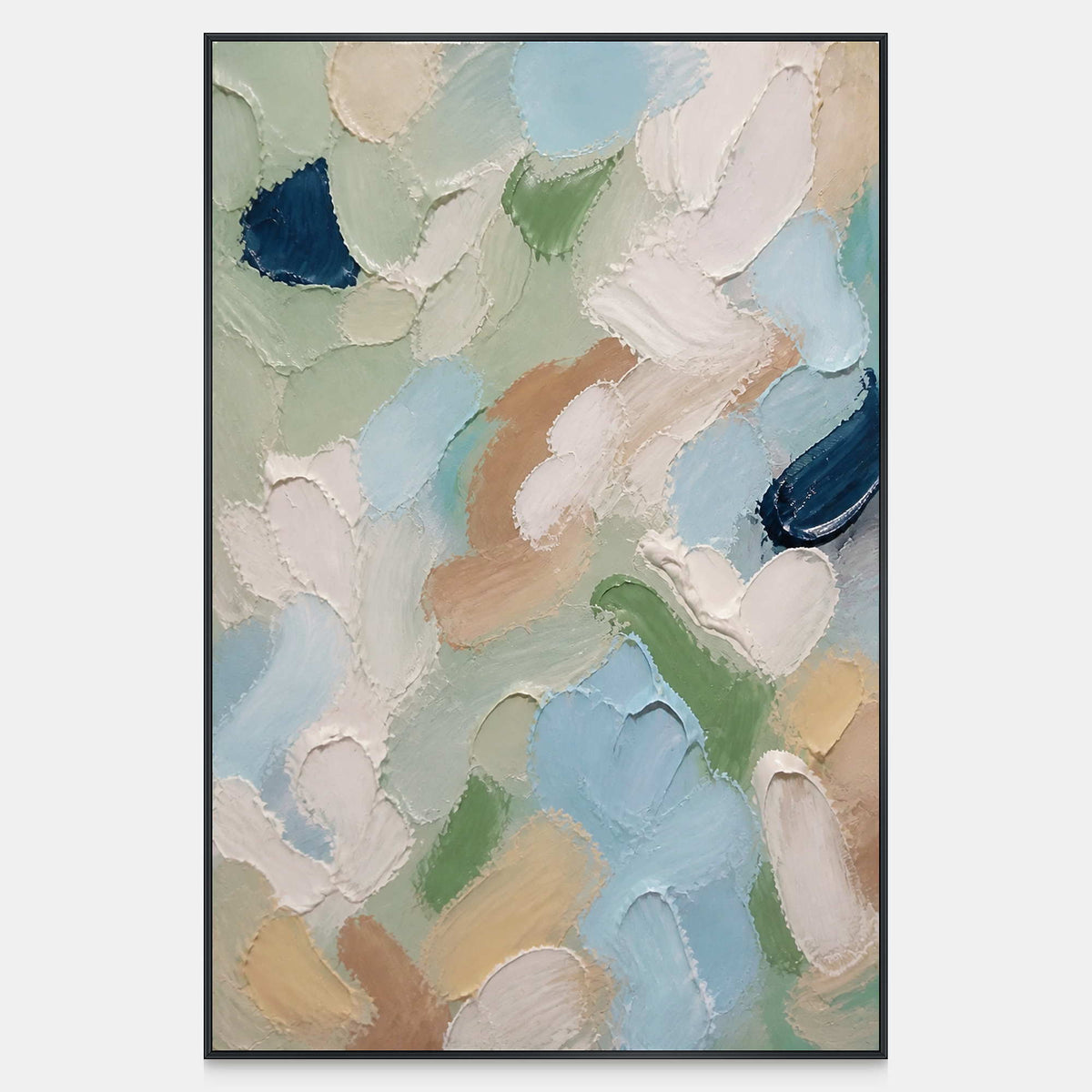Hand-painted abstract canvas in sage, blue, ivory, blush, and navy.