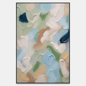 Hand-painted abstract canvas in sage, blue, ivory, blush, and navy.