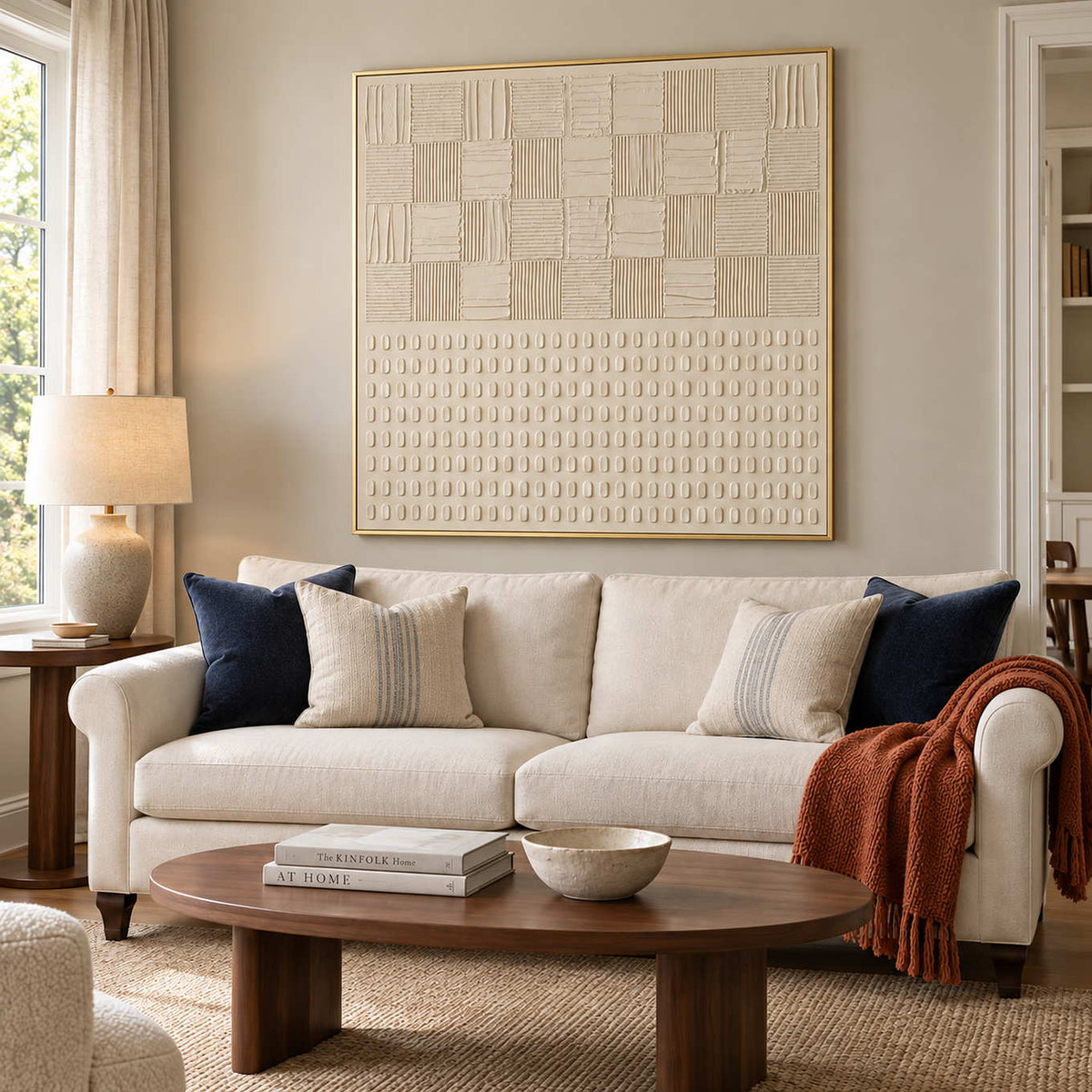 A Quiet Duet in a gold frame above a cream sofa with navy cushions and a rust throw.