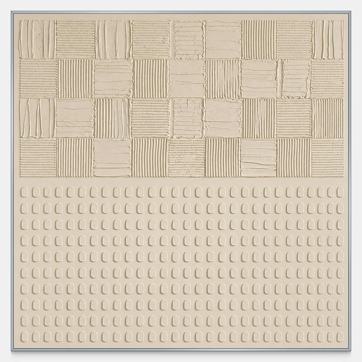 Front view of A Quiet Duet, with alternating grooved squares above fine rows of small rounded marks in warm cream.
