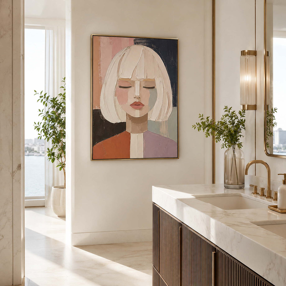 Minimalist portrait canvas in a serene bathroom space.
