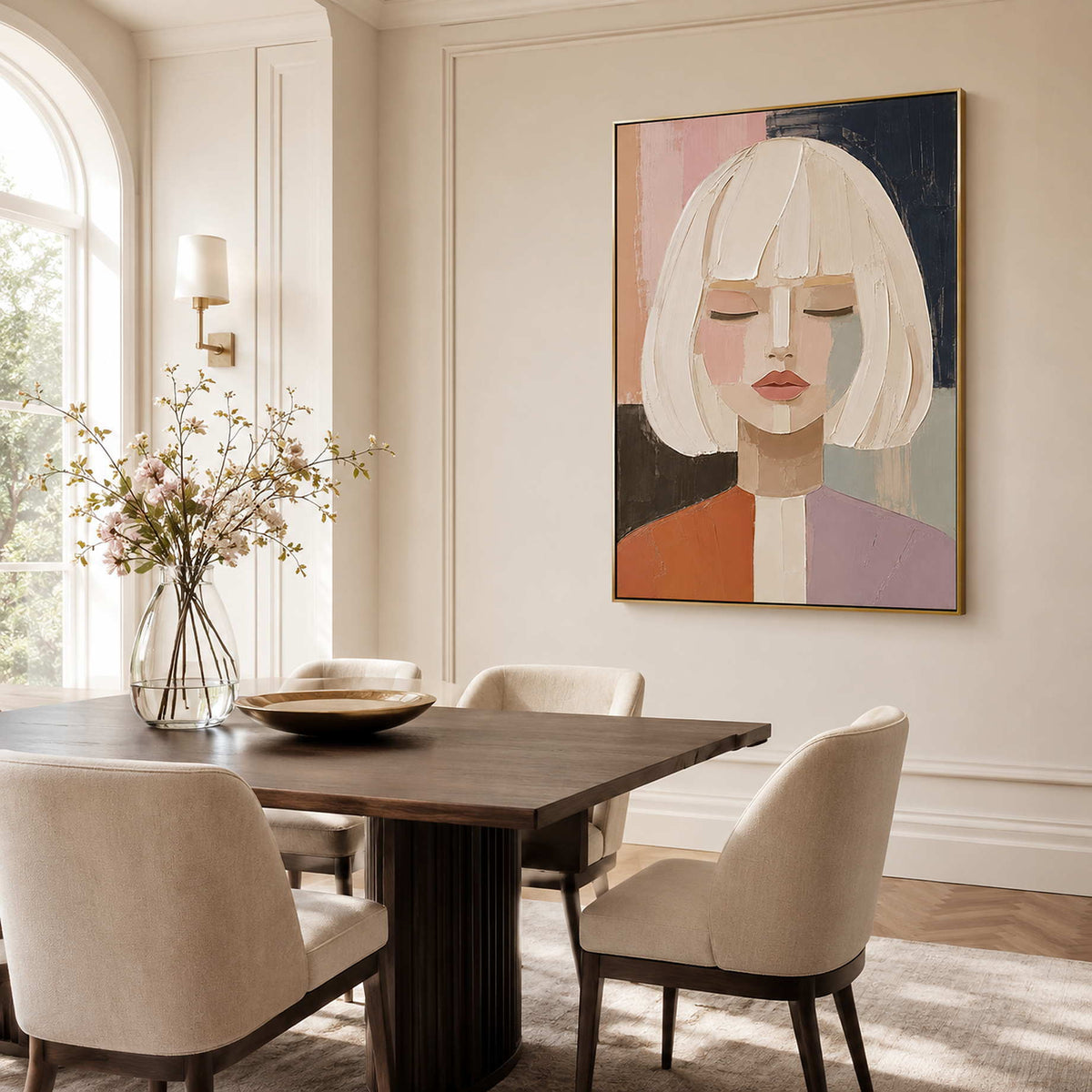 Modern portrait canvas in a refined dining room.