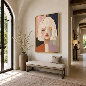 Hand-painted portrait canvas for hospitality interiors.