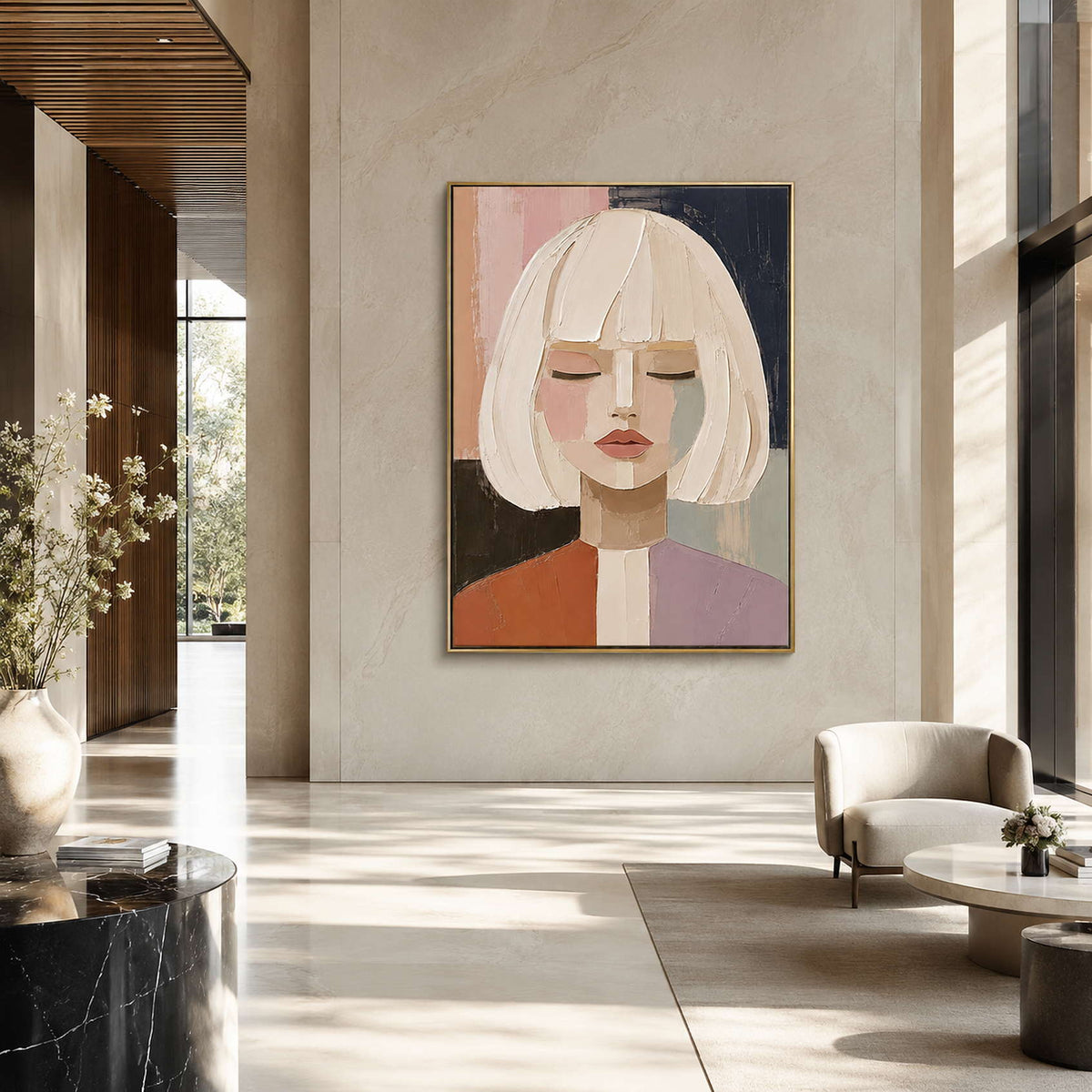 Modern figurative wall art displayed in a hotel lobby.