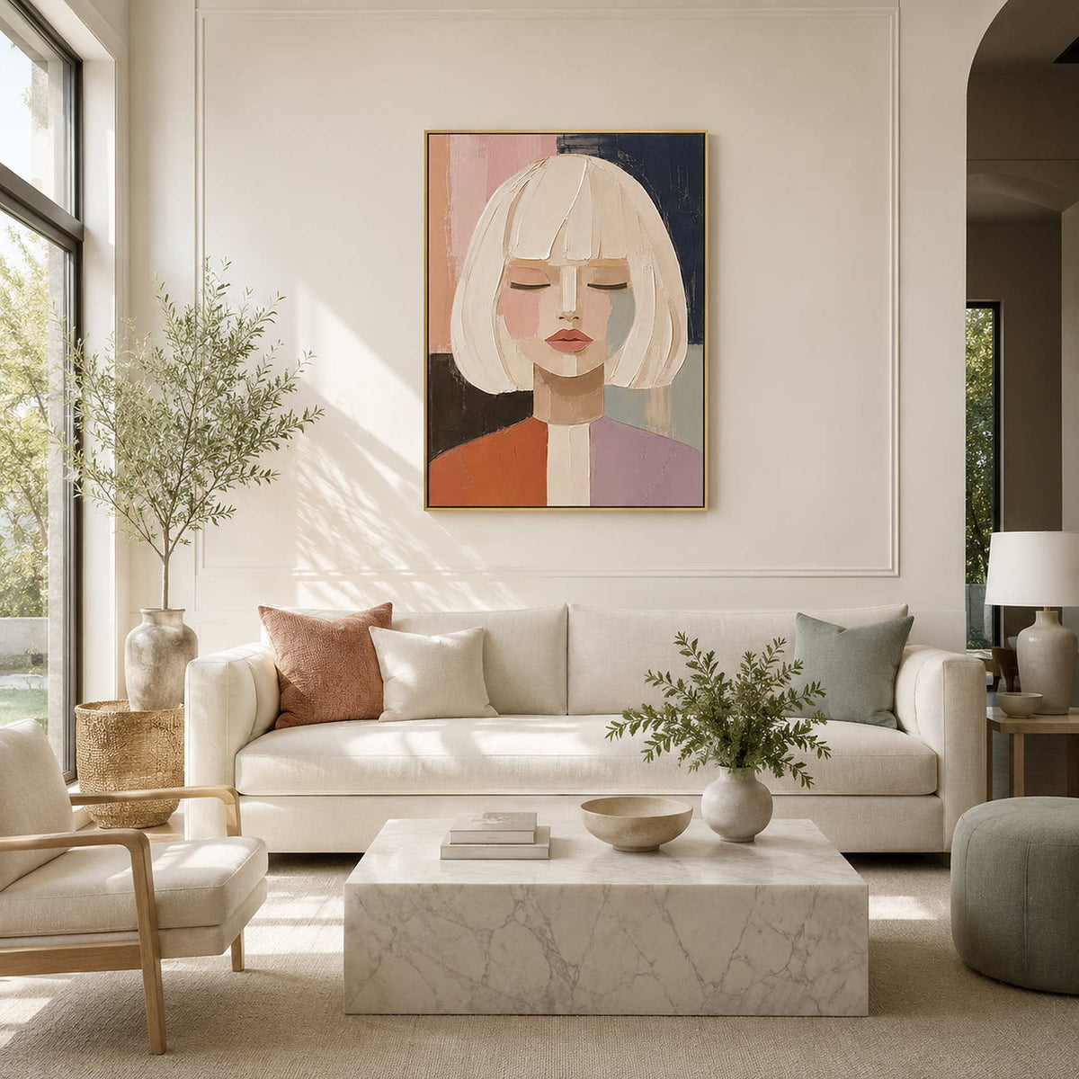 Soft portrait wall art styled in a living room.