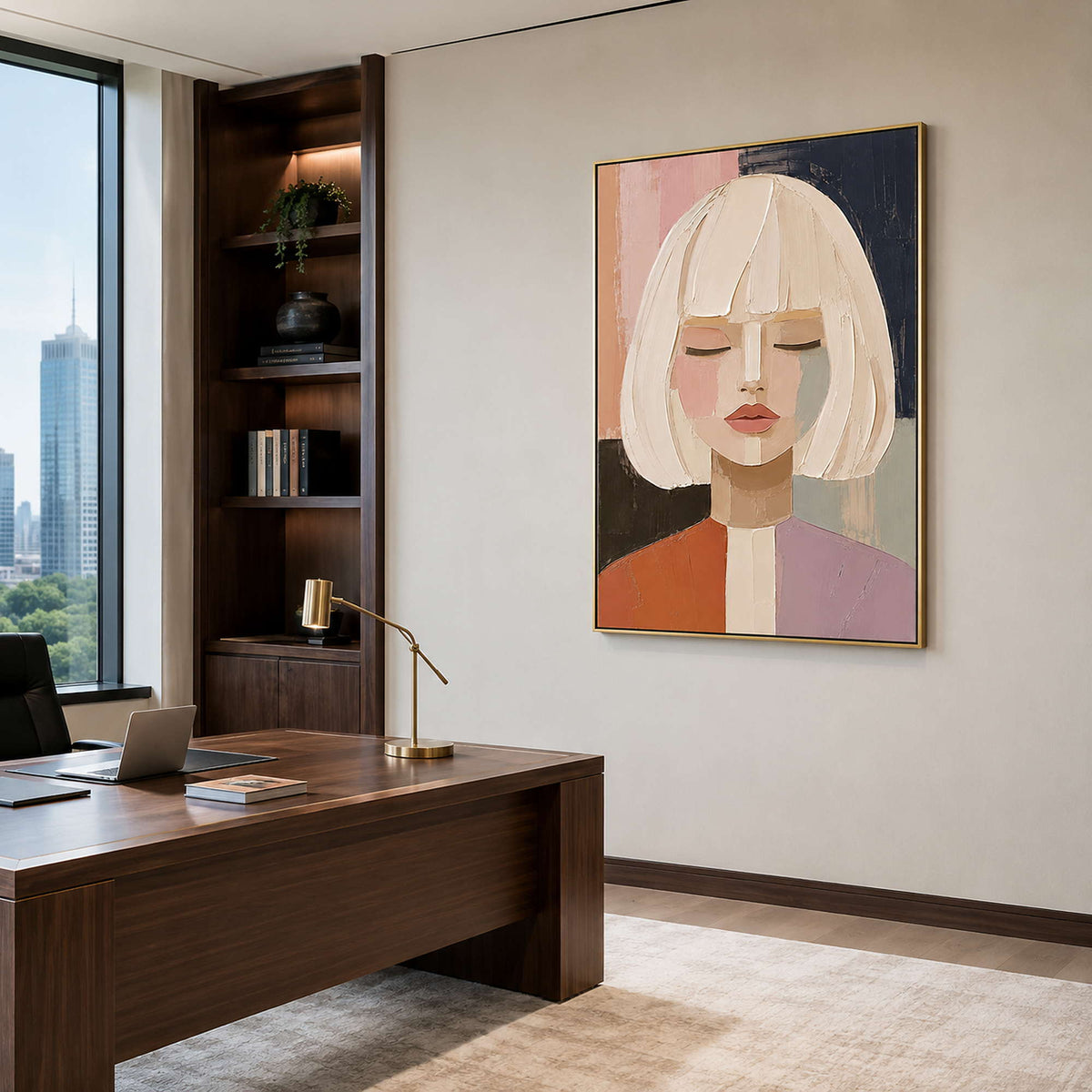 Modern figurative canvas for a calm office.