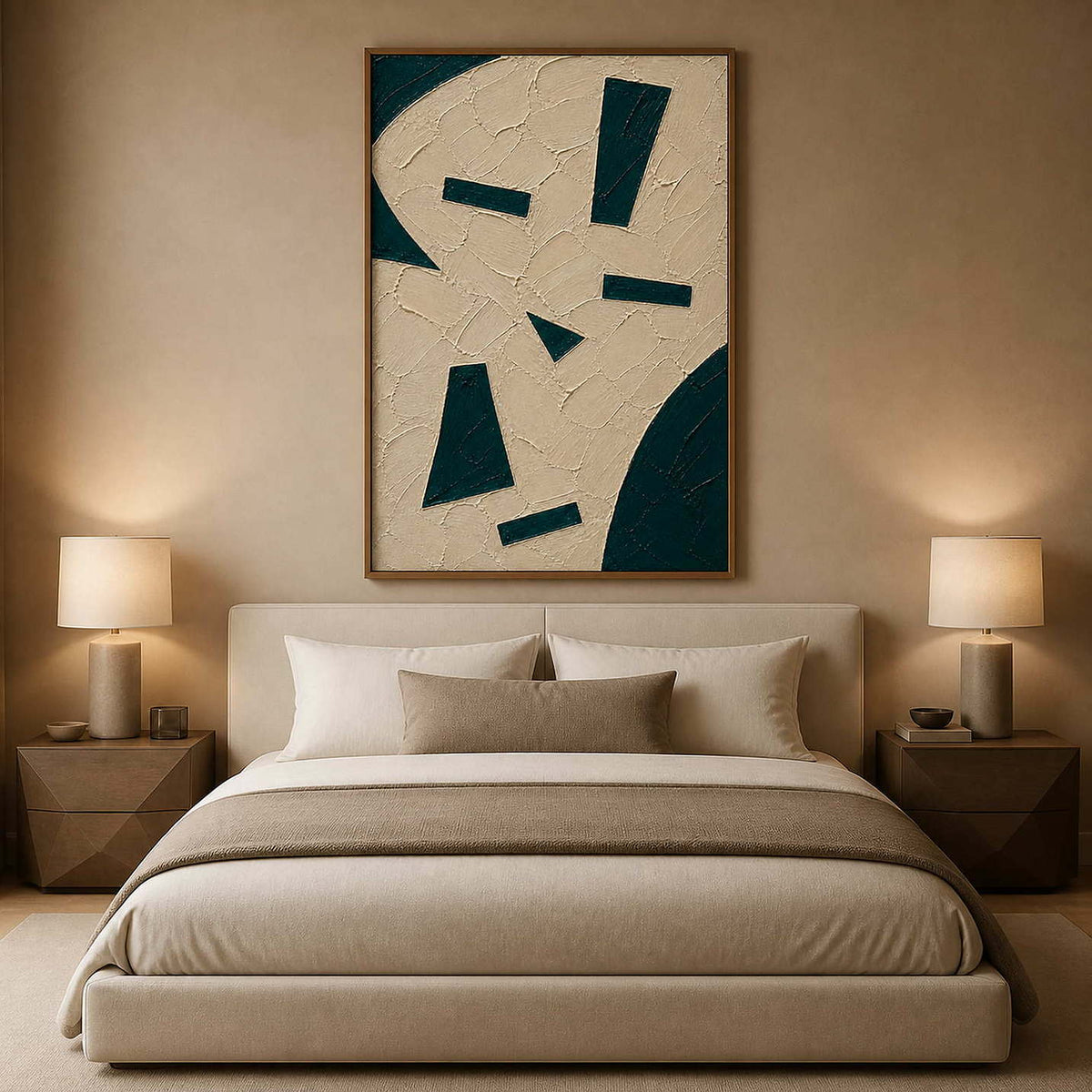 Neutral textured abstract canvas styled above a calm modern bed.