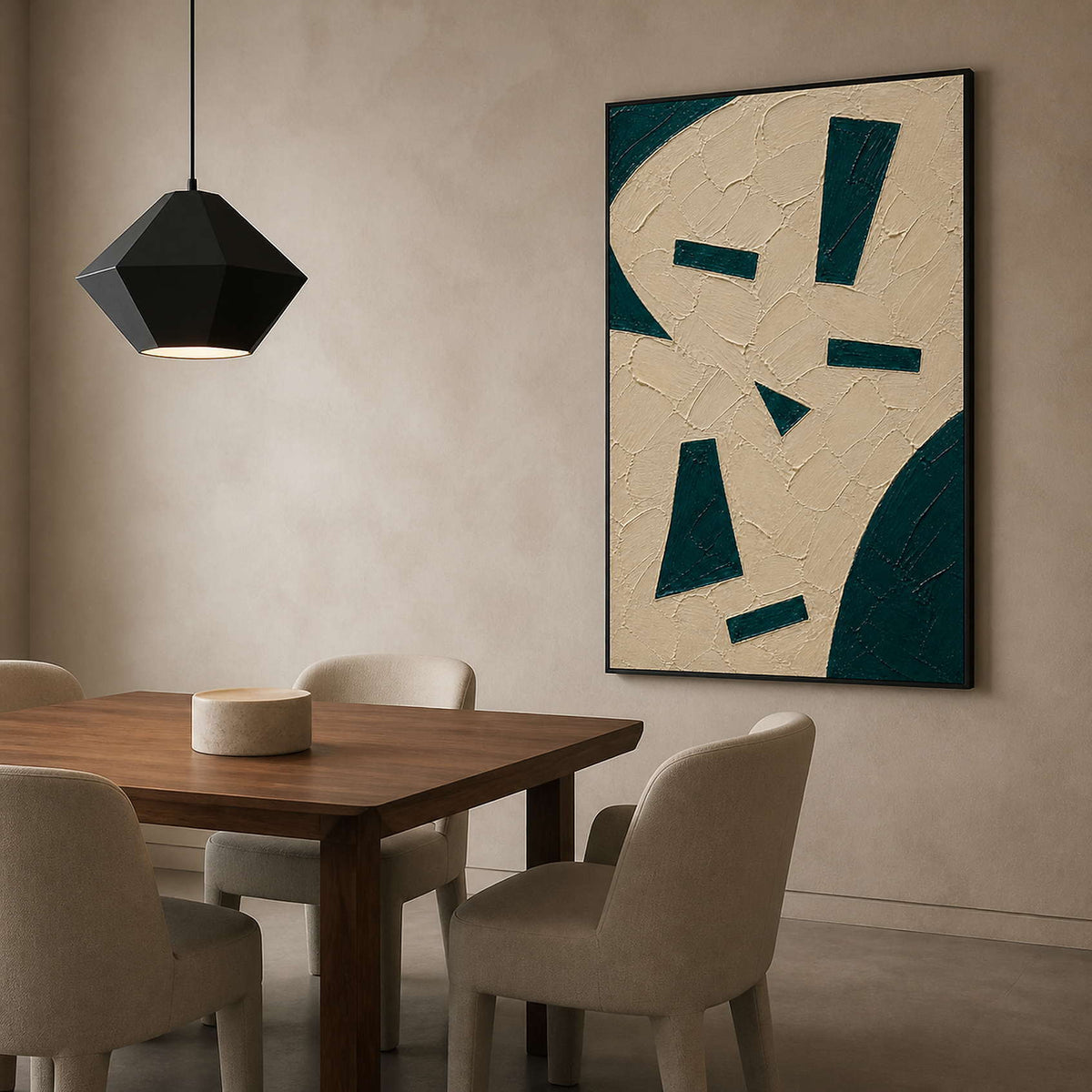 Minimal green geometric painting displayed in a refined dining room.