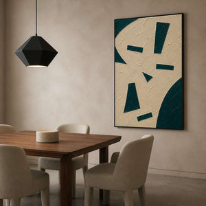 Minimal green geometric painting displayed in a refined dining room.