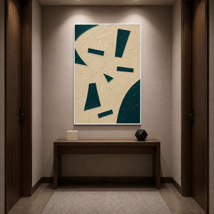Minimal textured abstract art displayed in a dark hotel hallway.