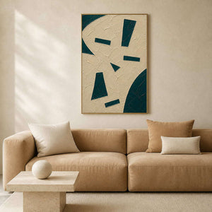 Ivory and green textured abstract wall art in a modern living room.