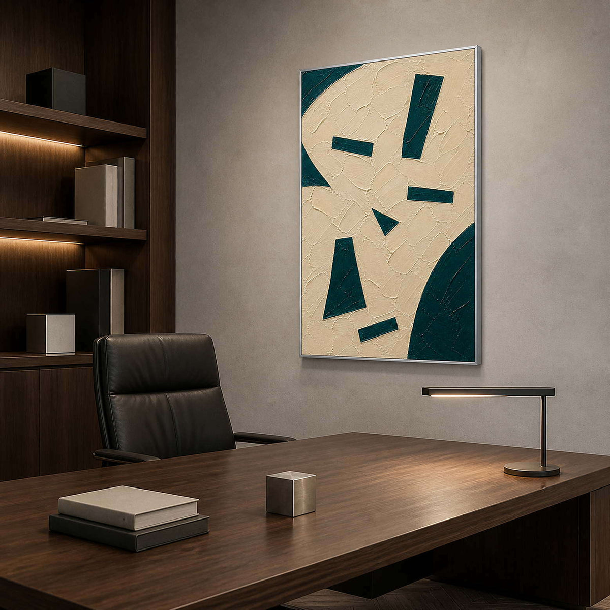 Architectural green and ivory artwork bringing order to an office.