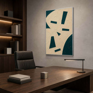 Architectural green and ivory artwork bringing order to an office.