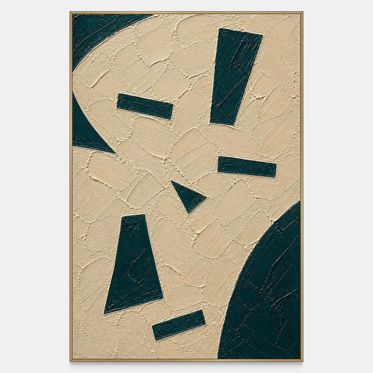 Hand-painted ivory relief canvas with deep green geometric shapes.