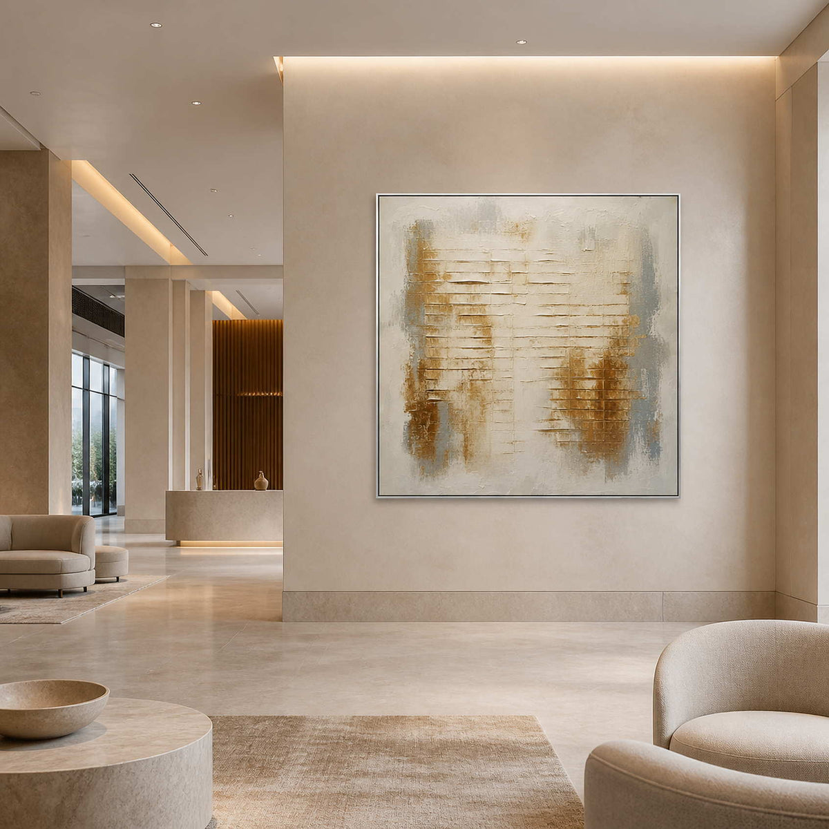 Textured abstract wall art displayed in a champagne-toned boutique hotel lobby.
