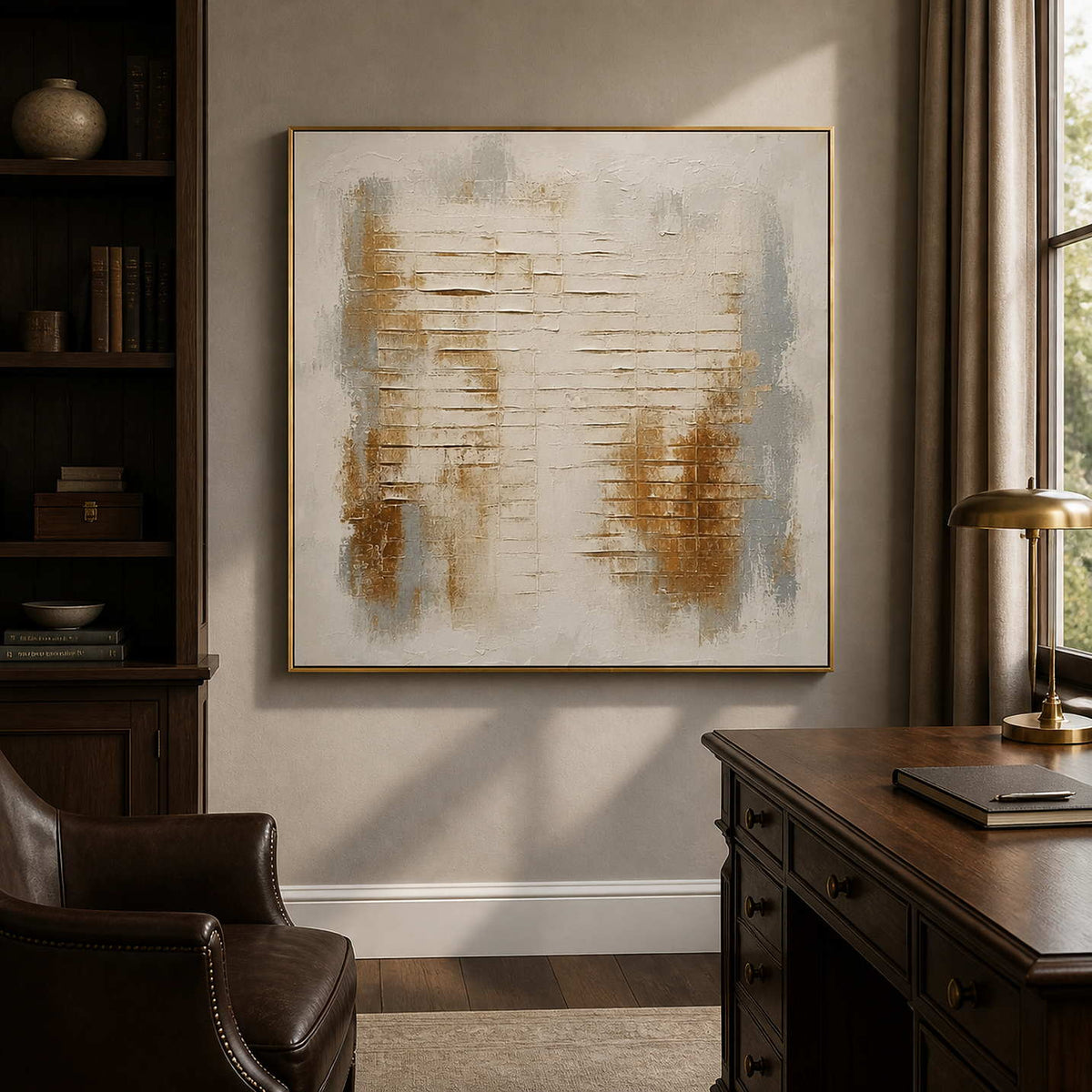 Ivory and gold abstract wall art displayed in a refined home office.