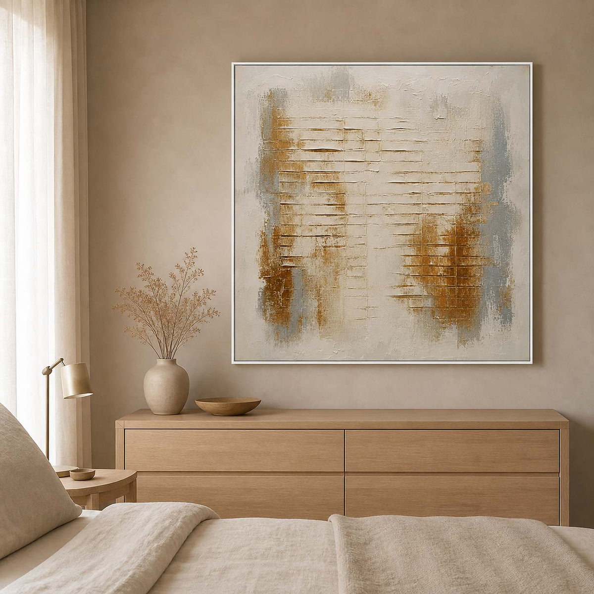 Ivory and gold textured wall art displayed in a warm linen bedroom.