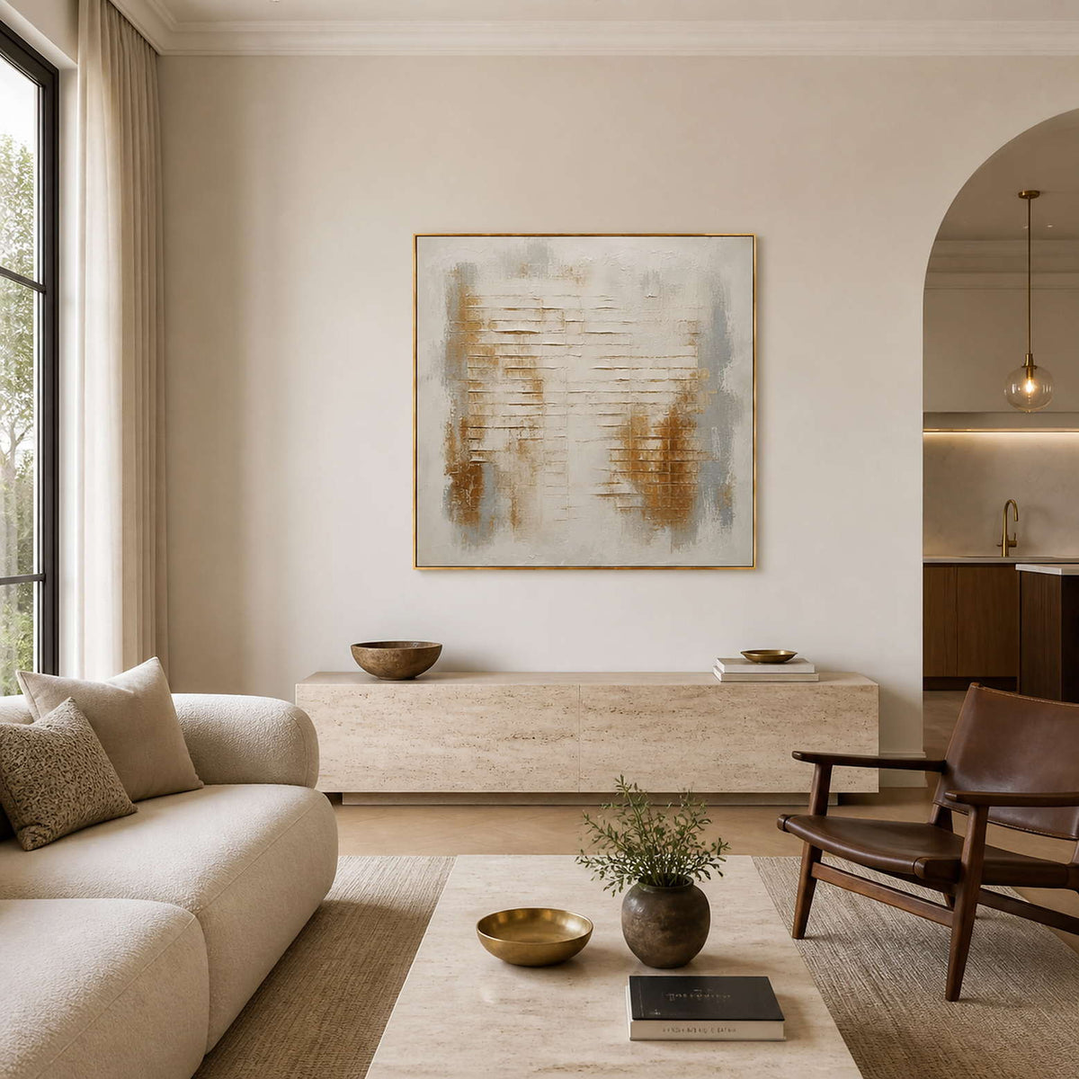 Textured abstract wall art displayed in a warm modern living room.