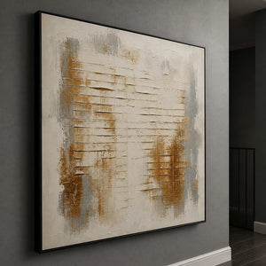 Textured abstract wall art shown from the side in a charcoal modern corridor.