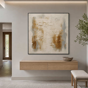 Textured abstract wall art displayed in a light gray modern entryway.