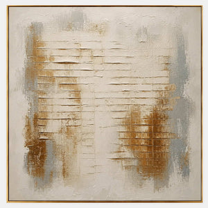 Hand-painted textured abstract wall art in ivory, silver, and warm gold.