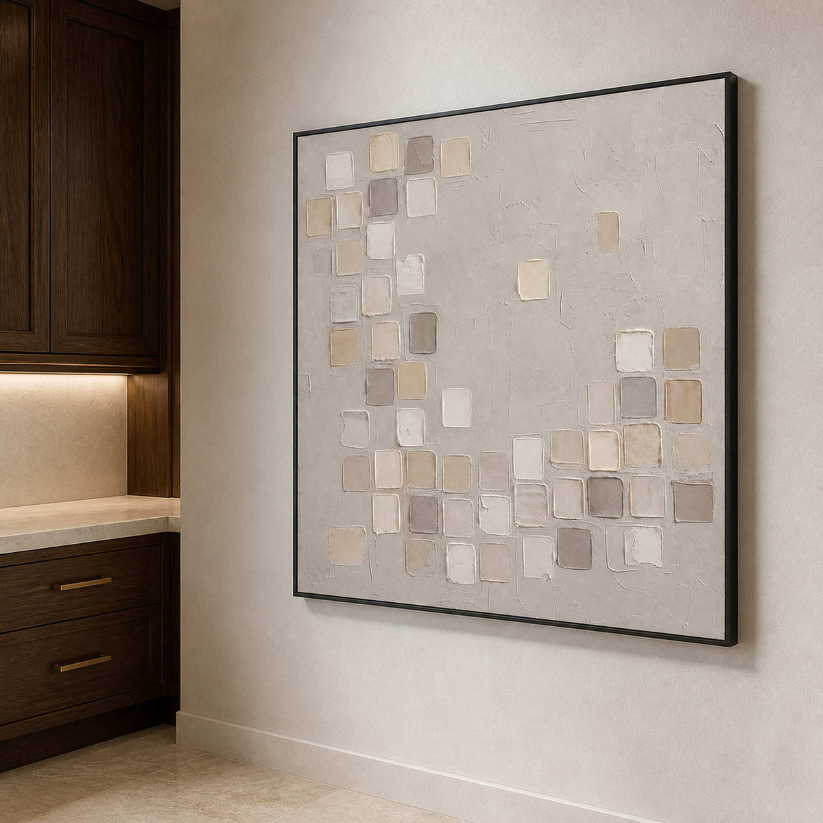 Minimalist textured wall art in a refined bathroom with a black frame.