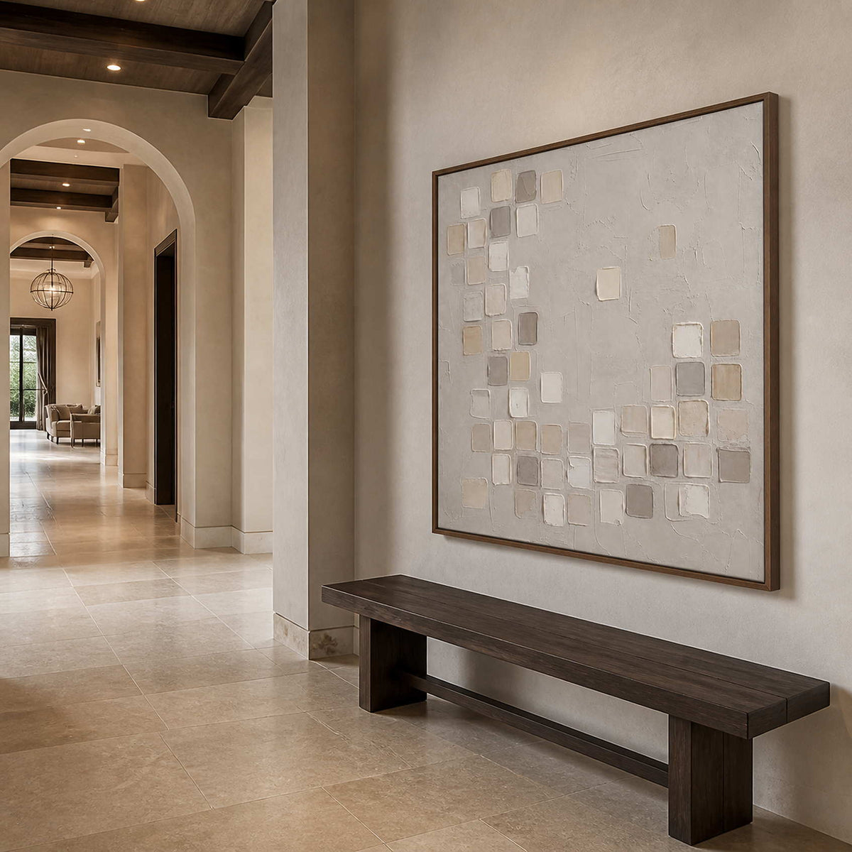 Textured wabi sabi wall art in an elegant entryway with a wood frame.