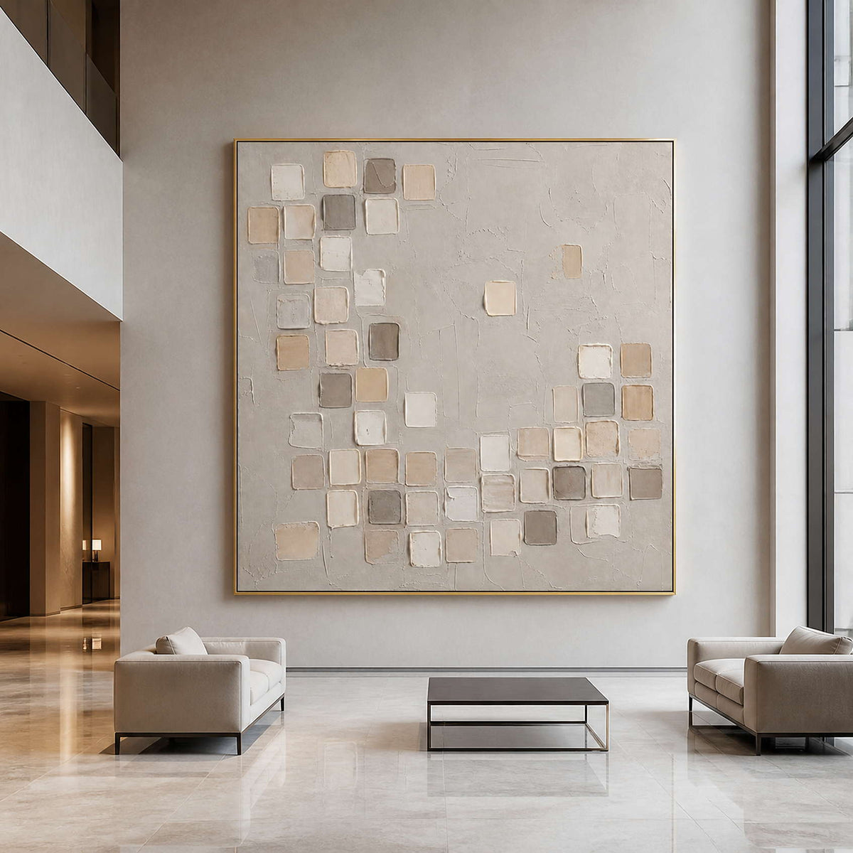 Large neutral square wall art in a modern hotel lobby with a gold frame.
