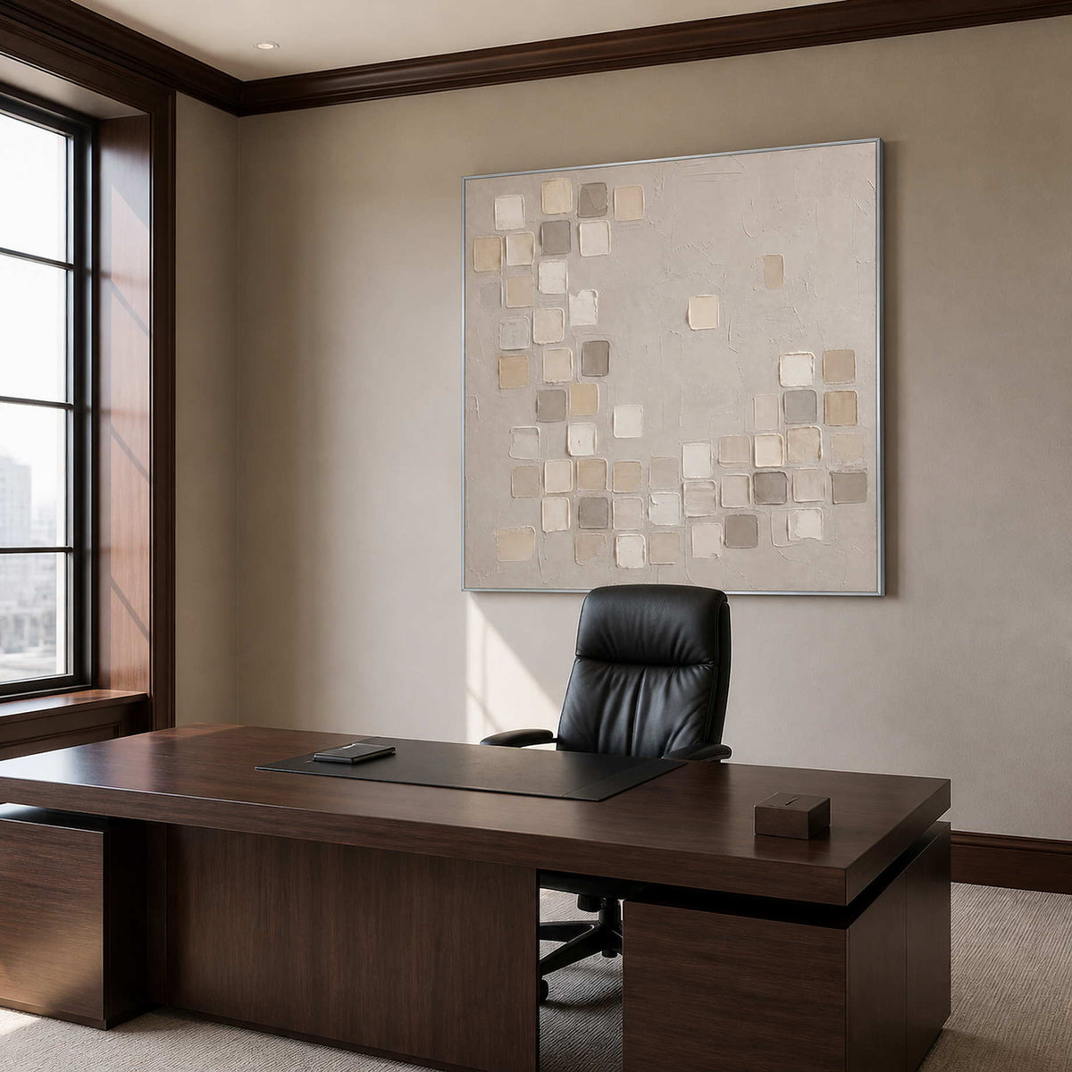 Neutral geometric wall art displayed in a sophisticated office with a silver frame.