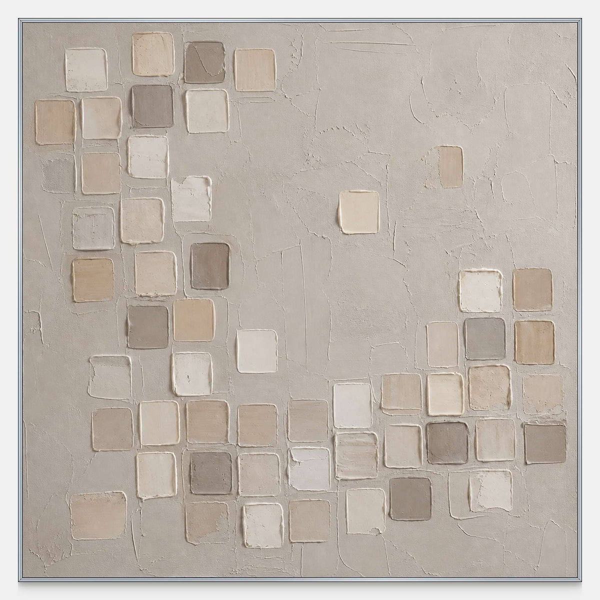 Hand-painted wabi sabi wall art with raised ivory and taupe square forms.