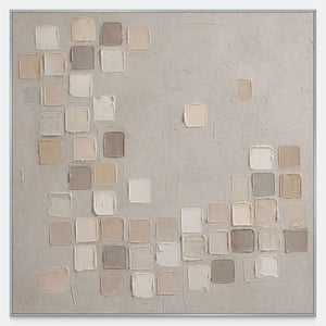 Hand-painted wabi sabi wall art with raised ivory and taupe square forms.