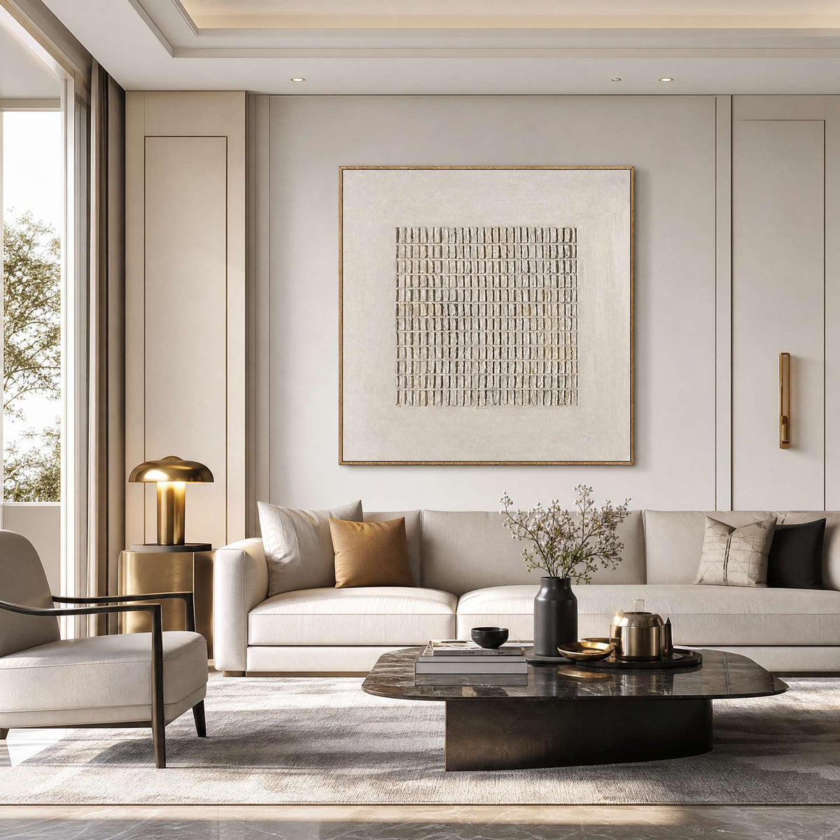 Ivory abstract canvas in a refined dining room.
