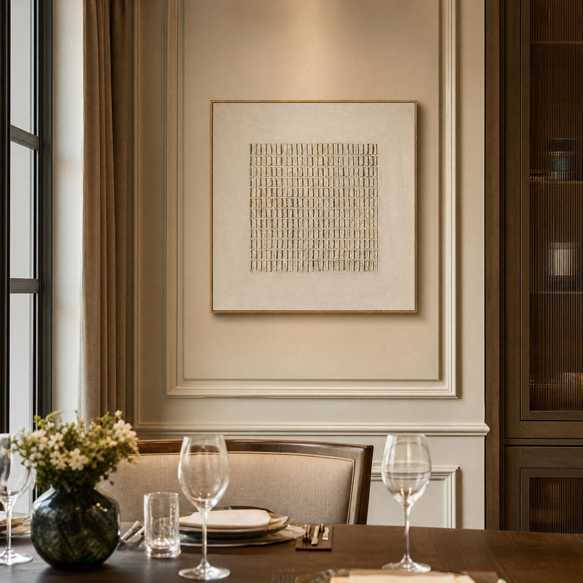 Ivory abstract canvas in a refined dining room.