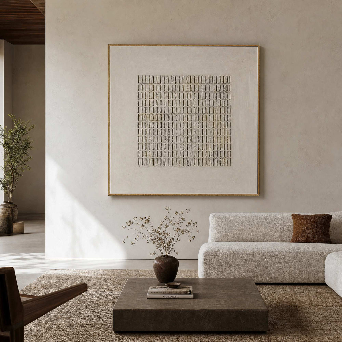 Wabi-Sabi wall art displayed in a quiet hotel lobby.