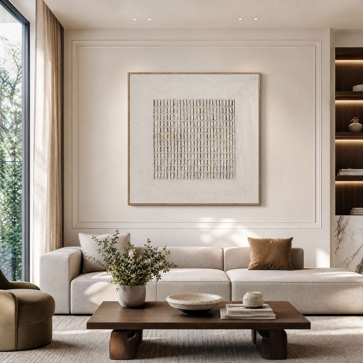Neutral textured wall art styled in a living room.