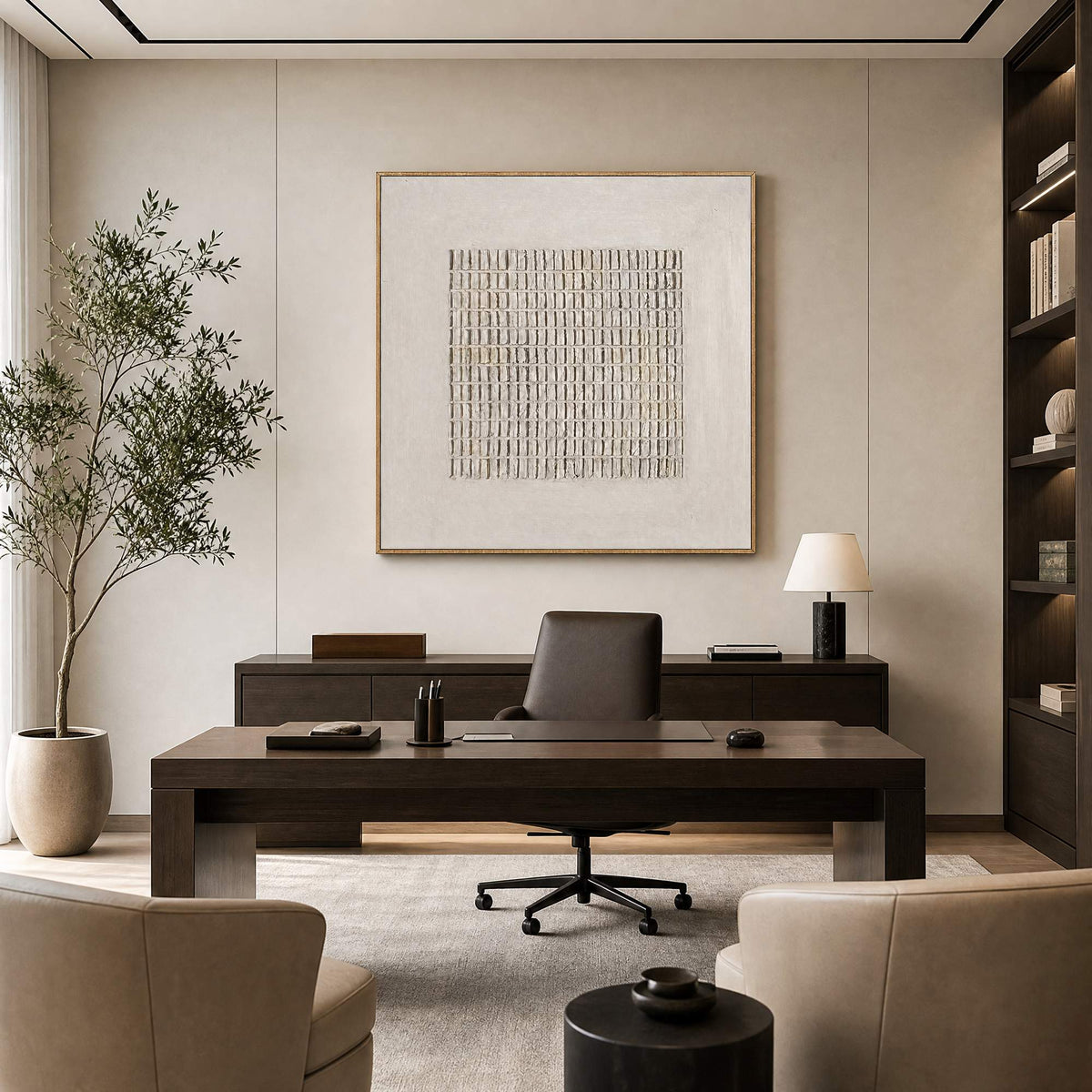 Neutral textured wall art displayed in a modern interior.