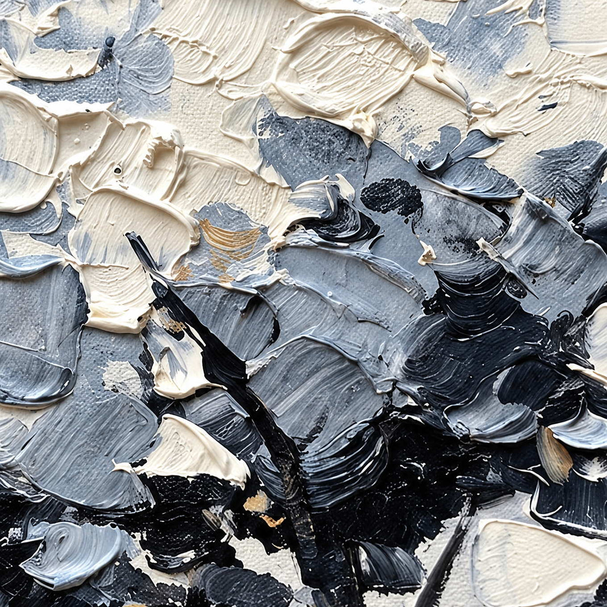Close-up of A Quiet Guardian showing thick cream and blue-gray foliage marks layered over dark branches.