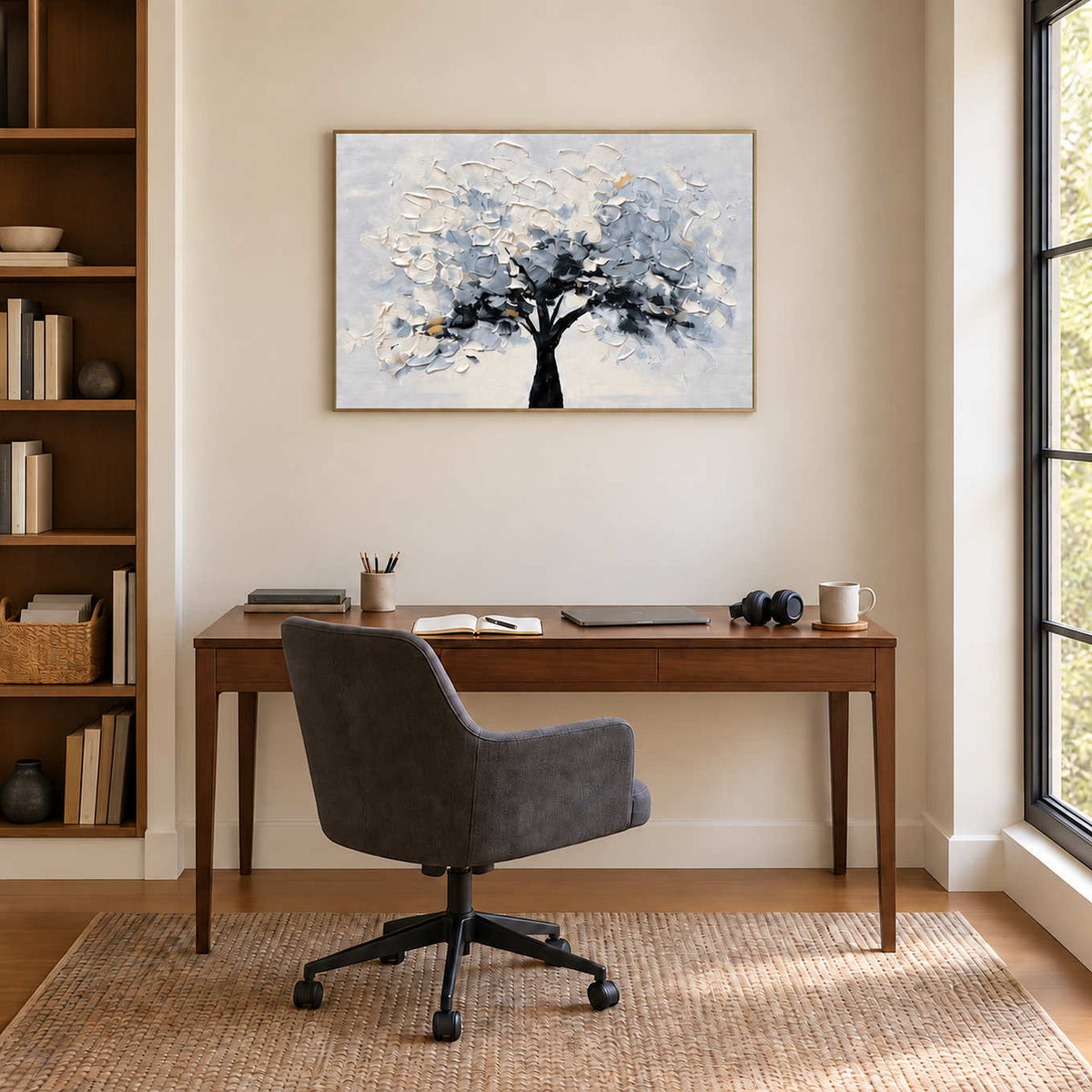 A Quiet Guardian in a gold frame above a wood desk and gray office chair beside built-in shelves.