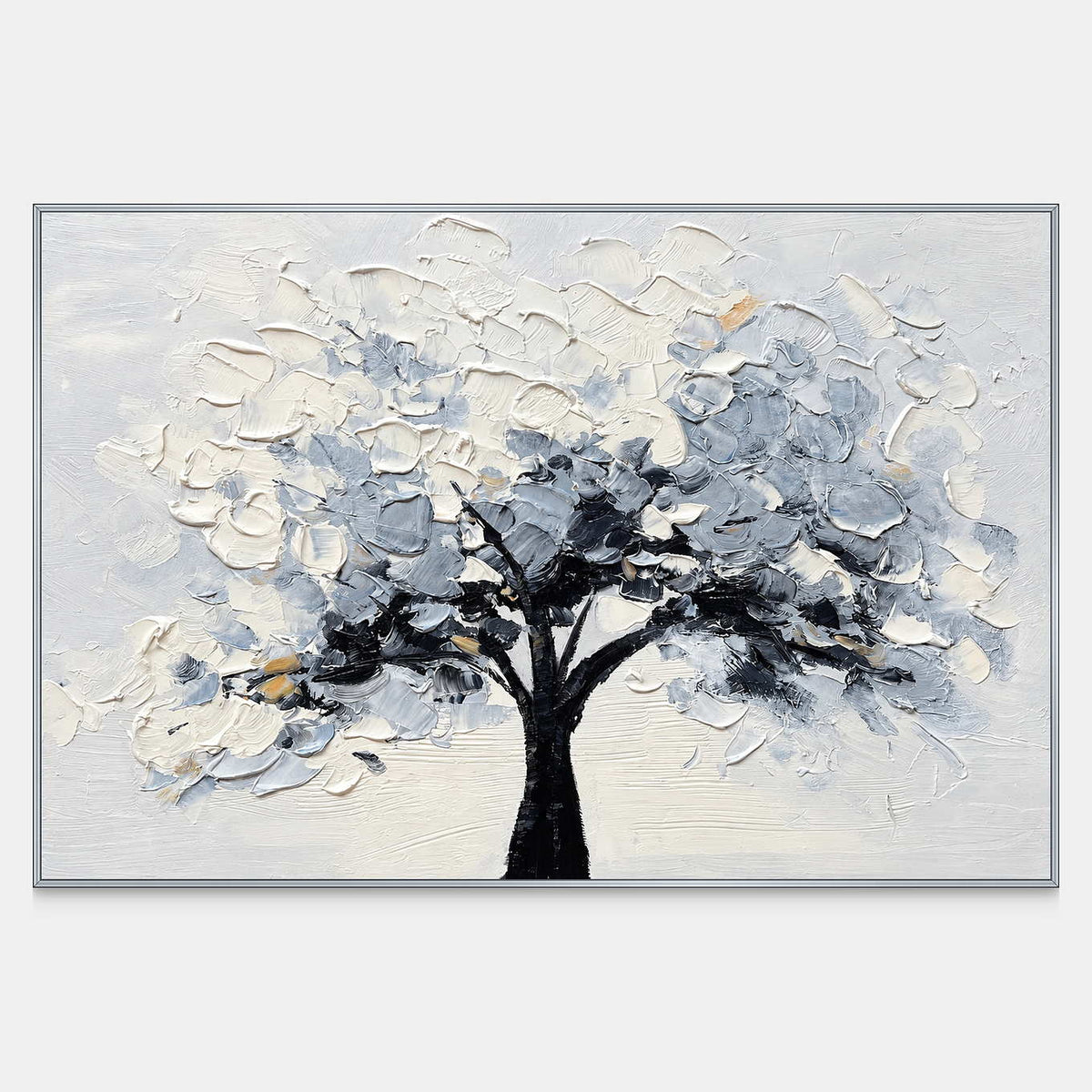 Front view of A Quiet Guardian, a horizontal painting of a dark tree trunk beneath a broad cream and blue-gray textured canopy.