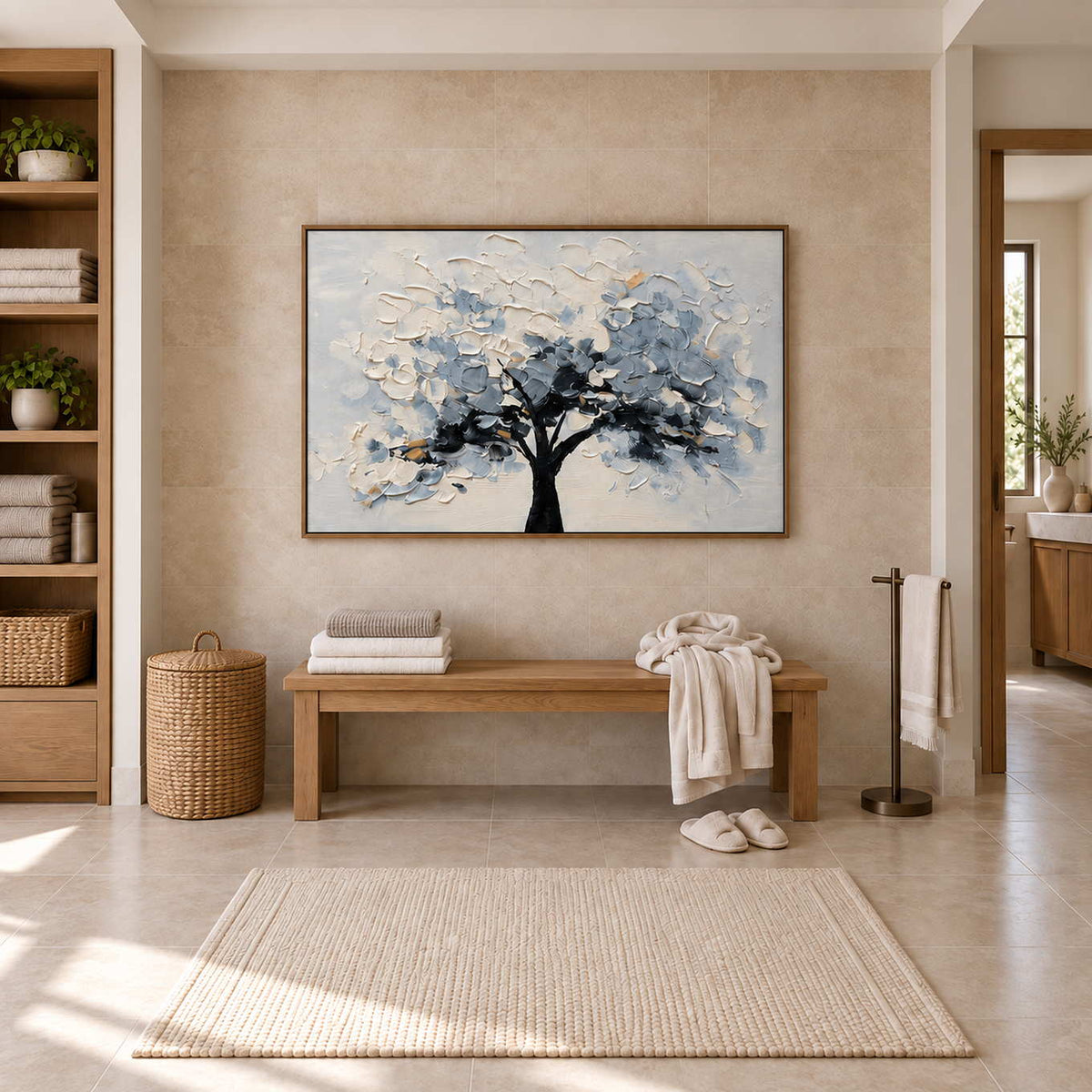 A Quiet Guardian in a brown wood frame above a bench holding folded towels in a beige bathroom dry area.
