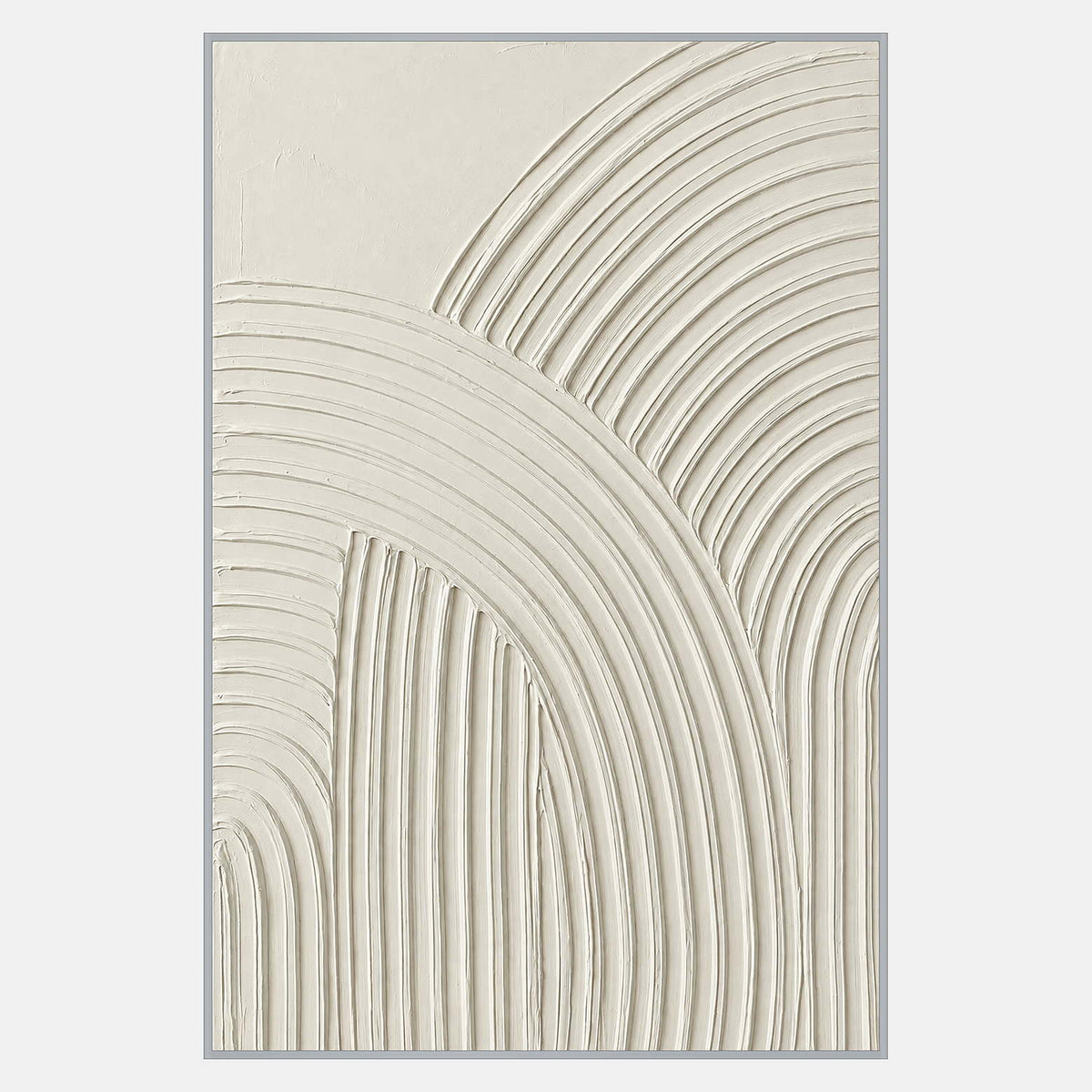 Tall ivory abstract with intersecting fields of fine parallel curved grooves and an open upper-left area.