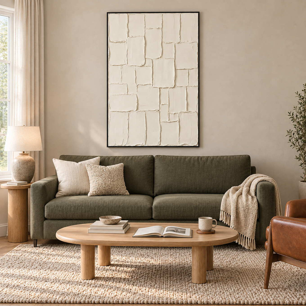 A Quiet Rhythm in a black frame above an olive sofa and rounded light wood coffee table.