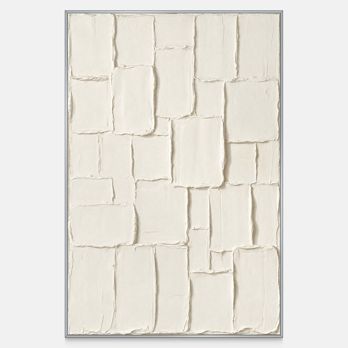 Front view of A Quiet Rhythm, with uneven cream rectangles joined by narrow seams and softly raised borders.