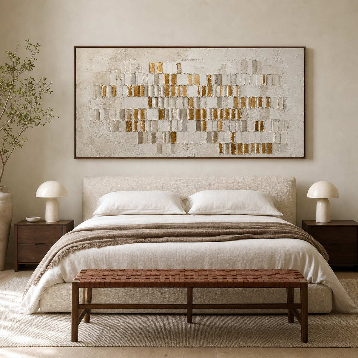 Ivory and gold abstract wall art above a warm white bedroom.