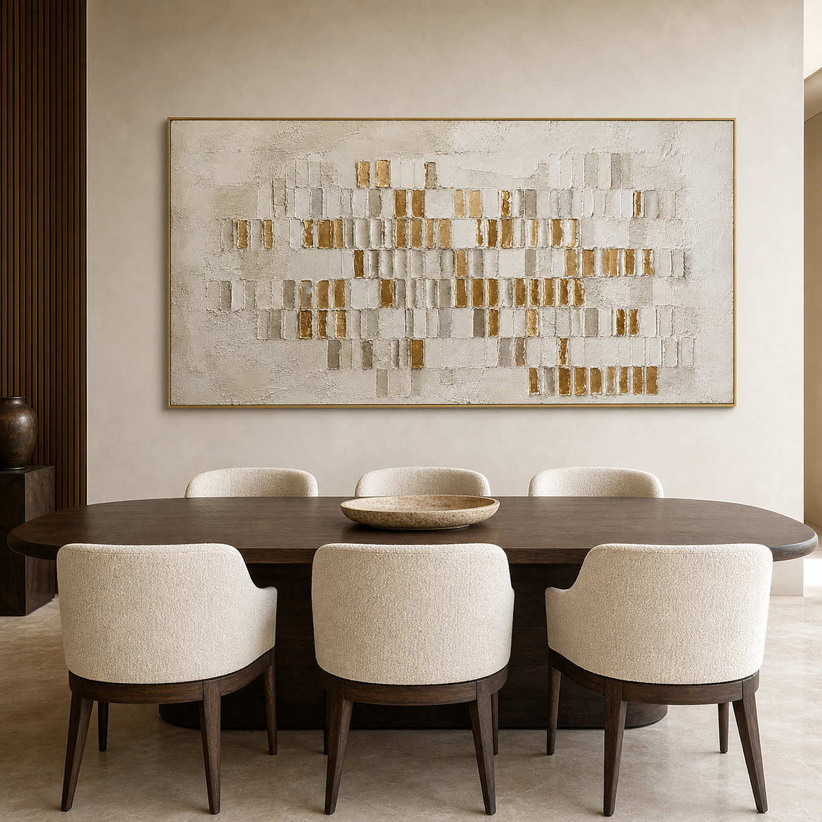 Gold geometric textured painting in a refined modern dining room.