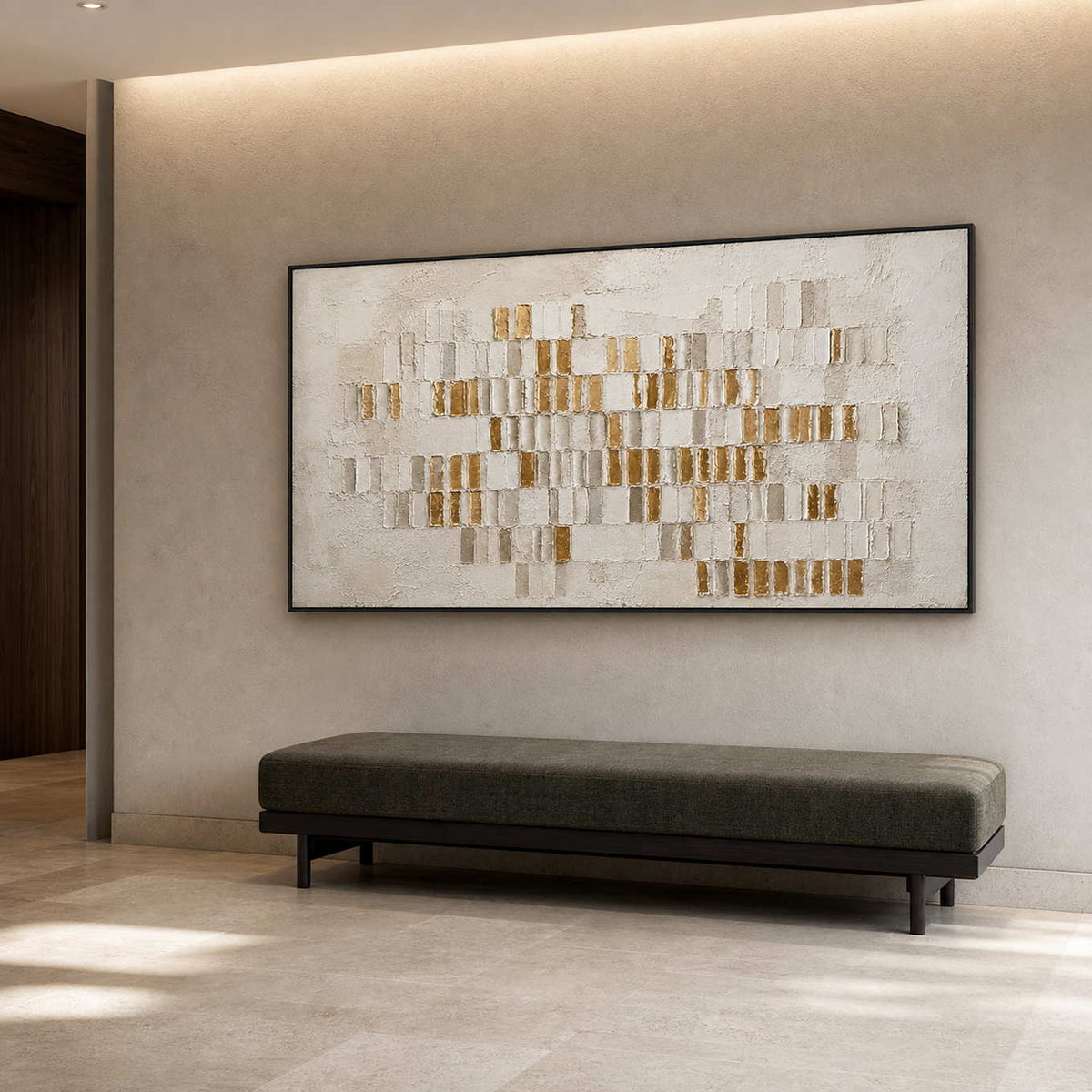 Large gold textured painting in a modern hotel art corridor.
