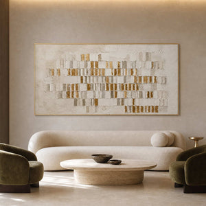 Gold geometric abstract wall art in a boutique hotel lobby.