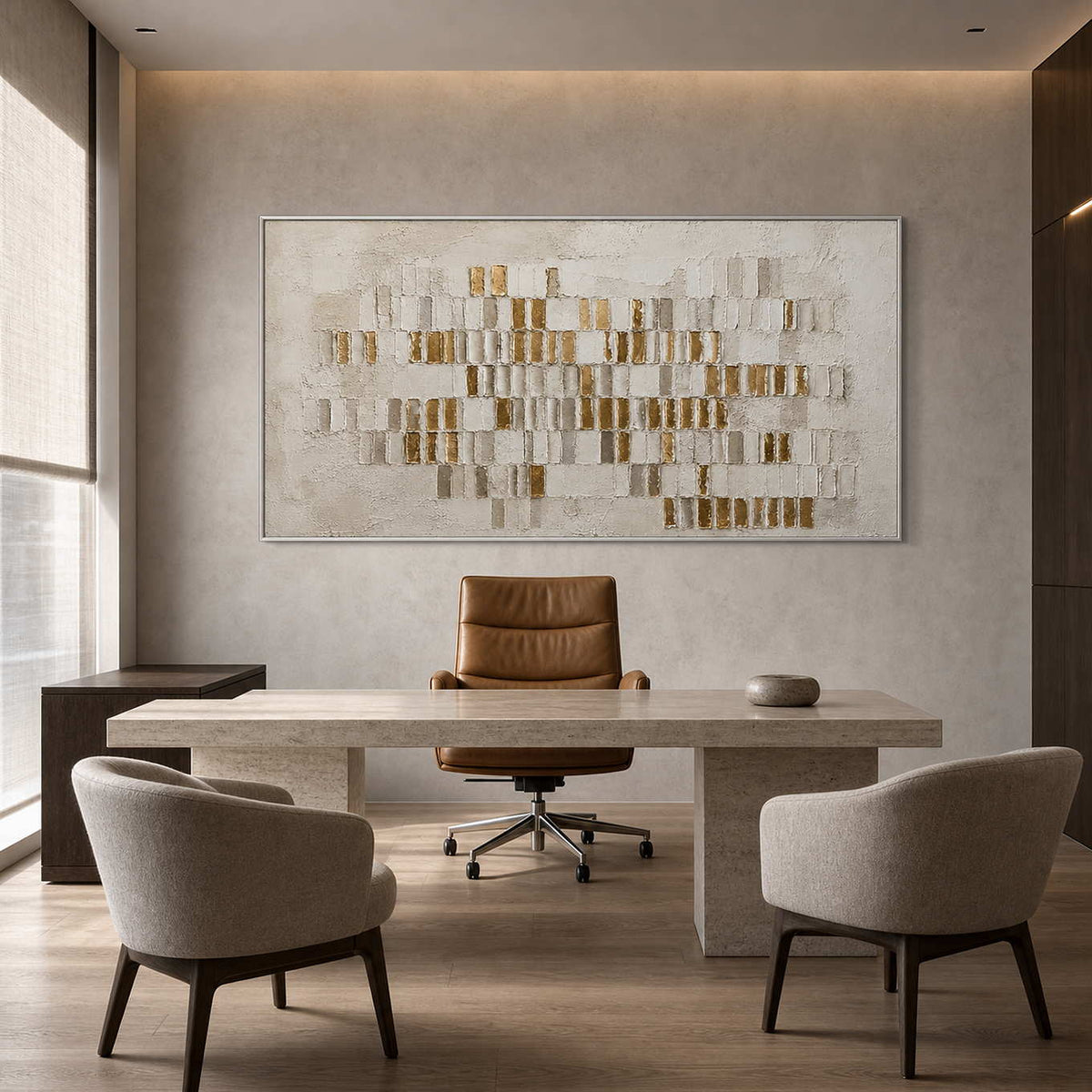 Panoramic gold textured artwork in a modern executive office.