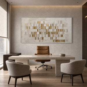 Panoramic gold textured artwork in a modern executive office.