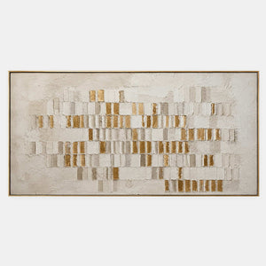 Hand-painted ivory, soft gray, and metallic gold geometric blocks.